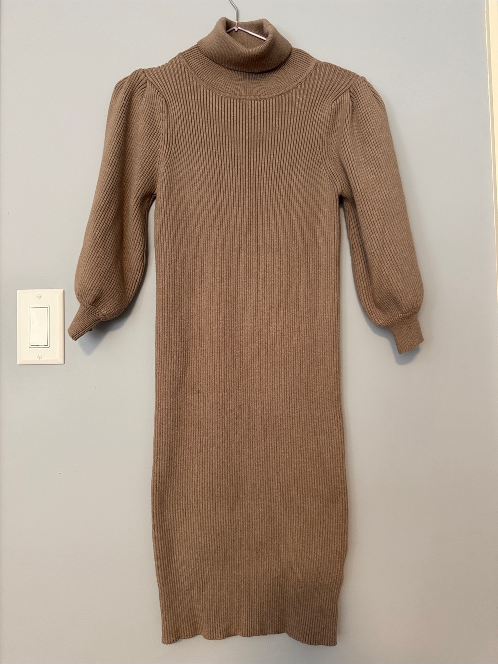 le chateau Ribbed Turtleneck Midi Dress in Tan